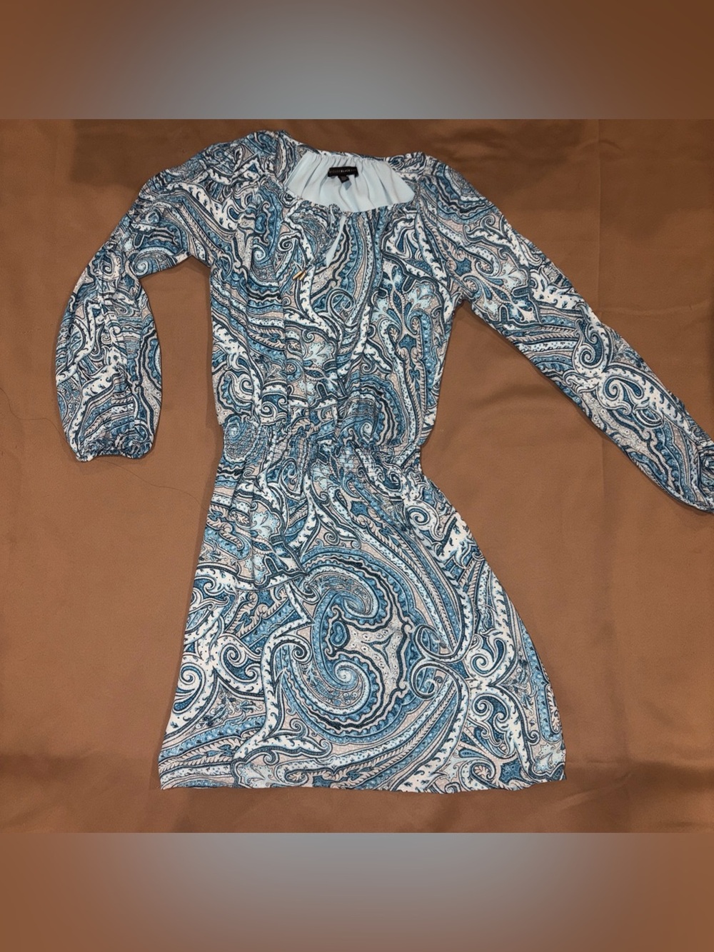 Long Slit Sleeve Dress 2 Blue Fairy Paisley Flowy Lined Y2K Elastic Waist
